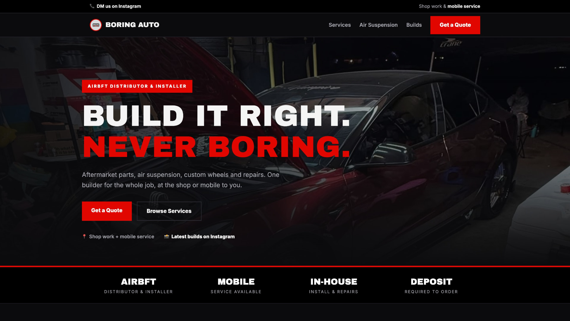 Boring Auto website design with a dark automotive hero, red accents, and the headline Build it right. Never boring.