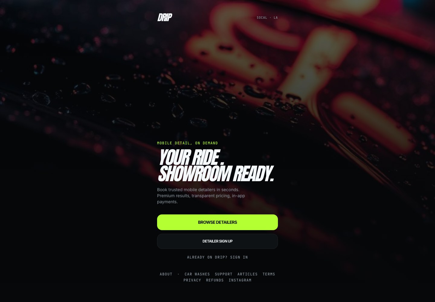 Drip mobile detailing marketplace homepage with a cinematic automotive background