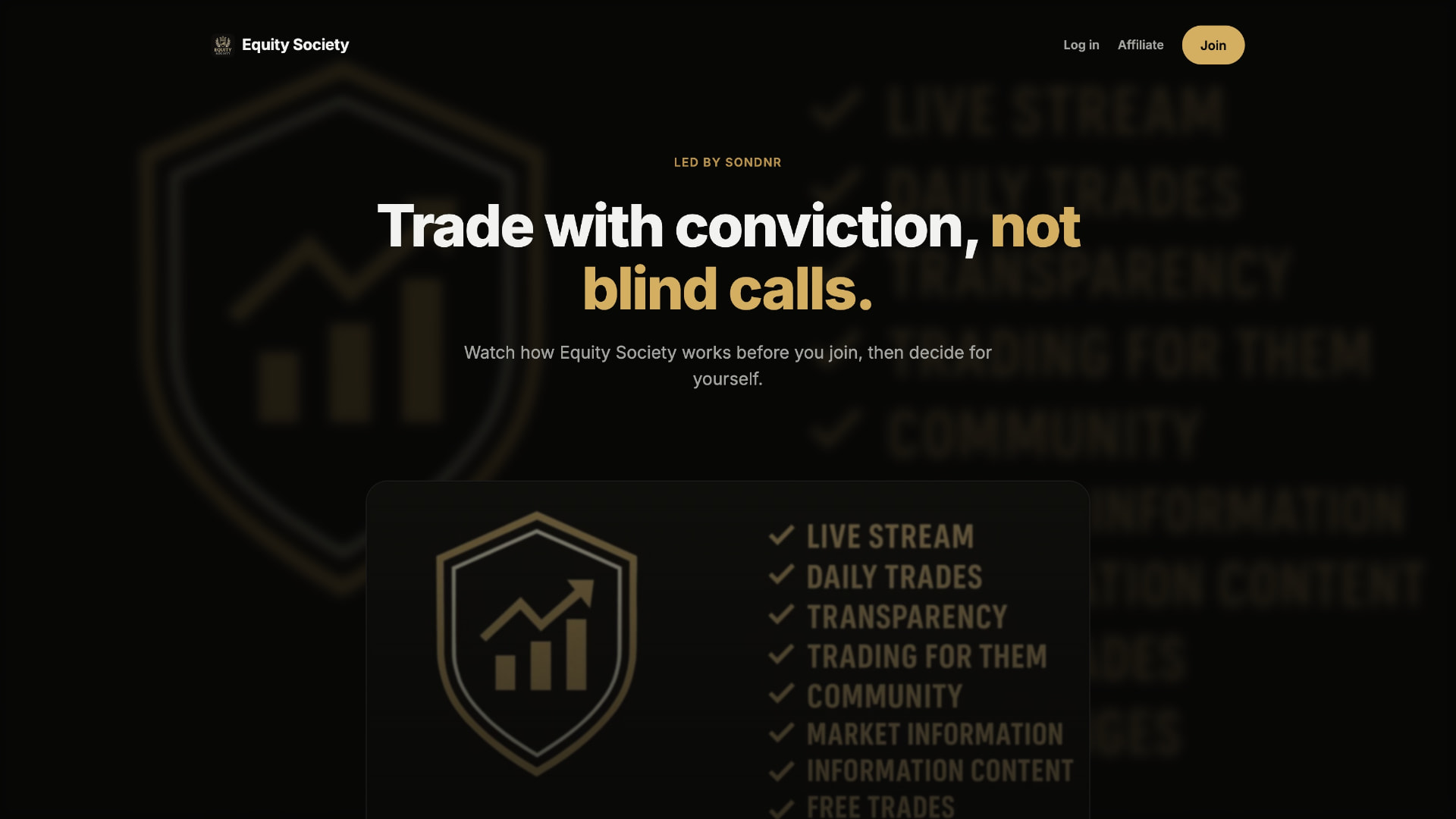 Equity Society trading community website design with a black-and-gold palette and Trade with conviction headline