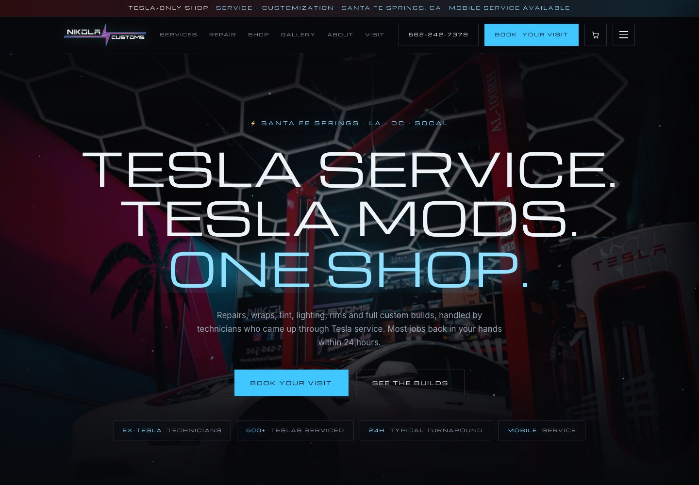 Nikola Customs website featuring Tesla service, modifications, and custom builds