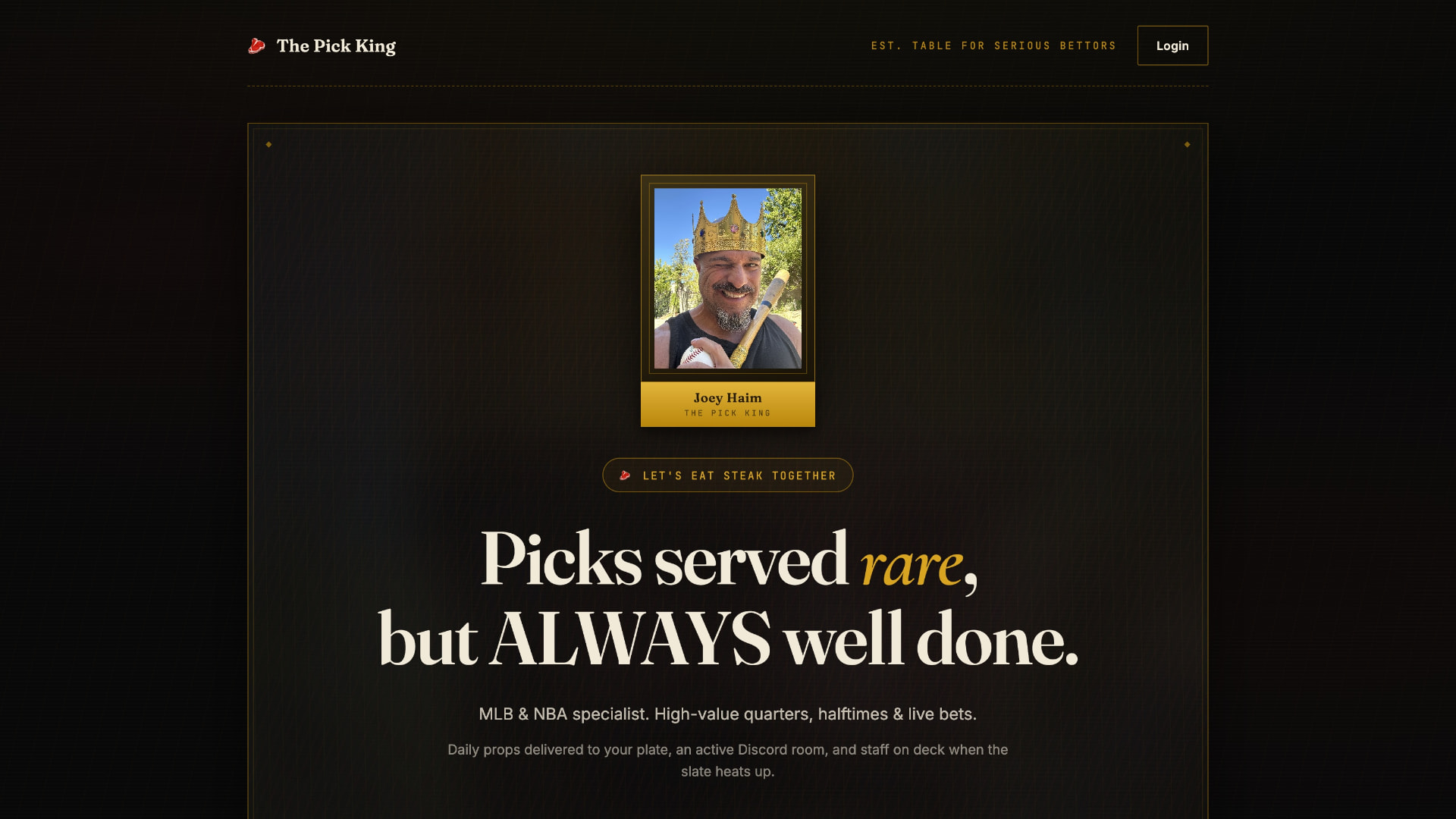 Pick King sports picks website design with gold accents, a chef portrait, and the headline Picks served rare, but always well done
